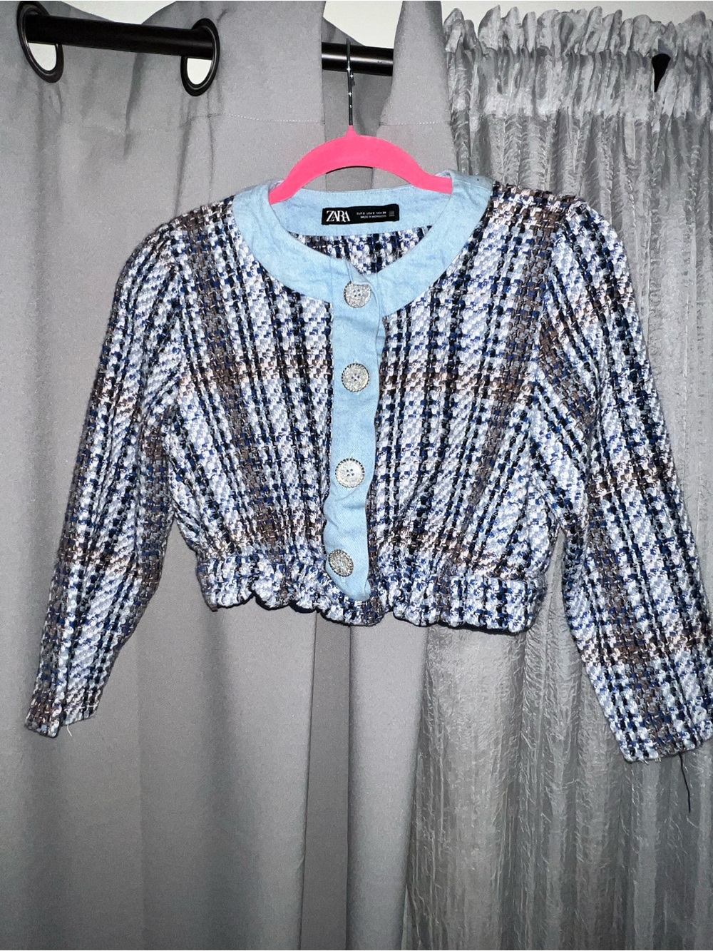 Zara Cropped Plaid Tweed Jacket in Blue and Brown - Size Small